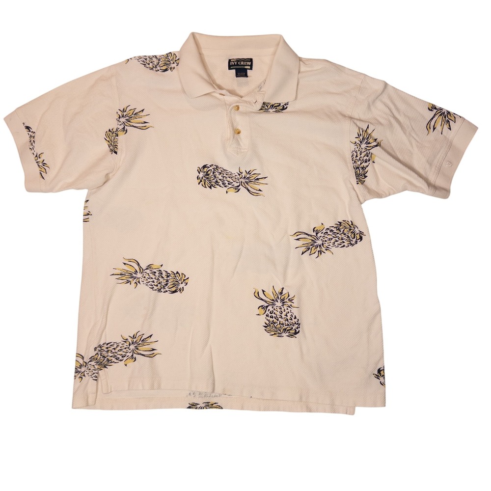 Ivy Crew Polo Shirt Mens XL Cream Pineapple Print Cotton Waffle Knit Good